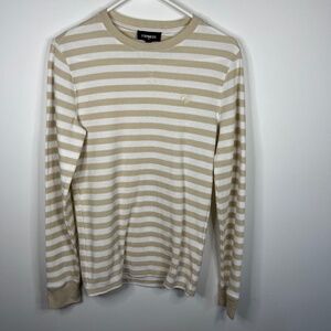 Mens Express Long Sleeve Striped Waffle Knit Crew T Shirt Size S Small Tan/white